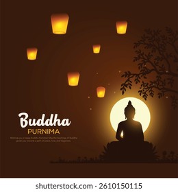 Happy Buddha Purnima, Happy Vesak Day, wishes greetings with a buddha silhouette concept minimal vector illustration. Used for posters, banners, greetings, and print design