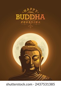 Feliz Buda Purnima desea saludos con Buda y la ilustración de la Luna. Utilizable para el cartel, banner, logotipo, fondo, saludos, diseño de impresión, elementos festivos. ilustración vectorial.