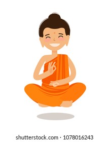 Happy Buddha sitting in lotus pose. Funny cartoon vector illustration