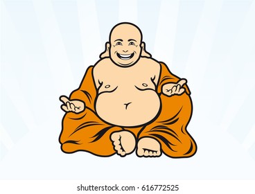 Happy Buddha vector. Buddha cartoon character. Illustration of sitting Buddha