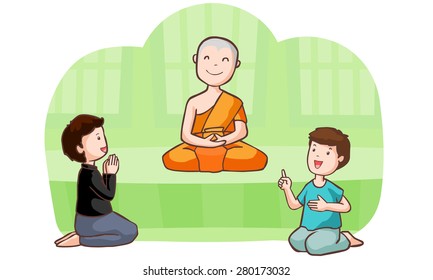 Happy buddhist monk and follower vector illustration