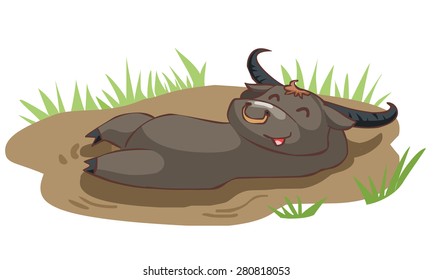 happy buffalo take a bath in mud vector illustration