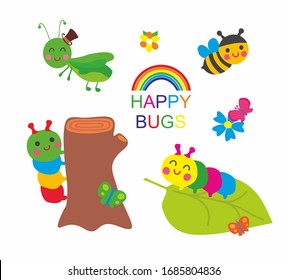 Happy bugs: cute grasshopper, rainbow caterpillar, funny bee. Illustration, vector.