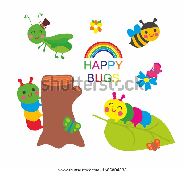 ハッピーバグ かわいいバッタ 虹の毛虫 おかしな蜂 イラスト ベクター画像 のベクター画像素材 ロイヤリティフリー