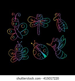  Happy bugs and insects character icons. Cartoon style.