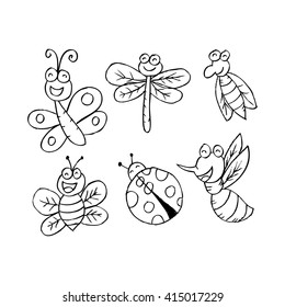  Happy bugs and insects character icons. Cartoon style.