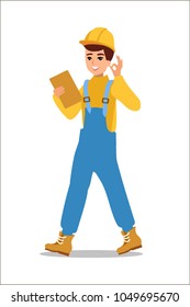 The happy builder fulfilled the plan. Construction male worker character vector design. Animate personage. Fun cartoon person. Isolated on white background.