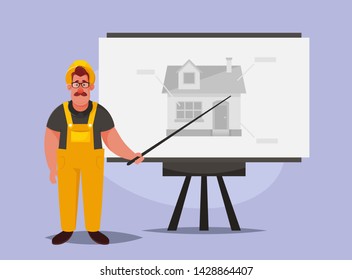 Happy Builder Giving a Presentation. Cartoon Style. Vector Illustration