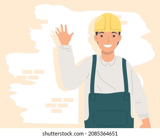 happy builder with helmet character