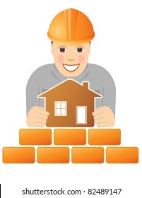 happy builder with house in hands