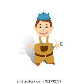 Happy builder with tools and helmet.