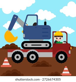 Construtor feliz transportando escavadora com caminhão de leito baixo no site de construção
