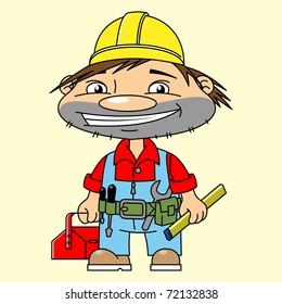 happy builder in a yellow helmet and a box for instruments in the hand