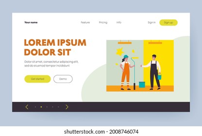 Happy builders painting wall. Uniform, basket, worker flat vector illustration. Renovation and construction concept for banner, website design or landing web page