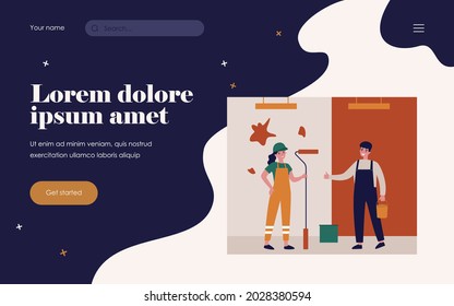 Happy builders painting wall. Uniform, basket, worker flat vector illustration. Renovation and construction concept for banner, website design or landing web page