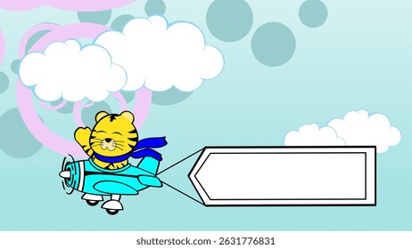 happy bull kid character cartoon airplane banner background in vector art