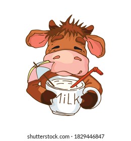 Happy bull with a mug of milk. Vector illustration in cartoon, flat style.