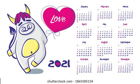 Happy bull walks with a heart-shaped balloon. Cartoon animal. 