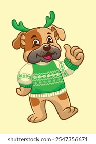 Happy Bulldog Cartoon Mascot Wearing Ugly Sweater