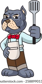 Happy Bulldog Chef holding spatula Mascot Cartoon Character Illustration