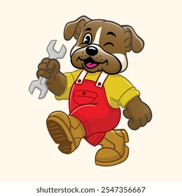 Happy Bulldog Mechanic Holding a Wrench Mascot