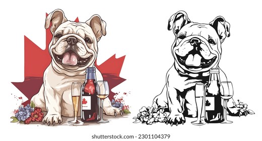 A happy bulldog with wine in canada day.Illustration of T-shirt design graphic.	
