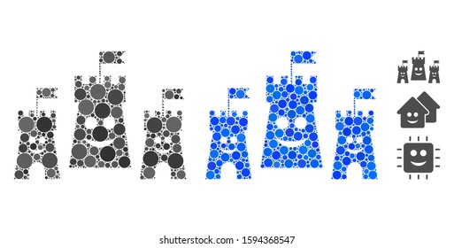 Happy bulwark mosaic of circle elements in different sizes and color hues, based on happy bulwark icon. Vector circle elements are united into blue illustration.