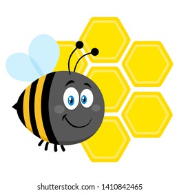 Happy Bumble Bee Cartoon Character Bee Flying In Front Of A Honeycombs. Vector Illustration Flat Isolated On Transparent Background