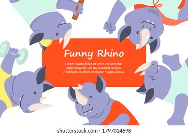 Happy bunner with different funny rhinos. Cute character isolated on white. Flat Art Vector Illustration