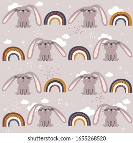 Happy bunnies, hand drawn backdrop. Colorful seamless pattern with animals, sky. Decorative cute wallpaper, good for printing. Overlapping background vector, rabbits