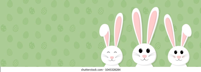 Happy bunnies on a backgroun with eggs - concept of an Easter banner. Vector.