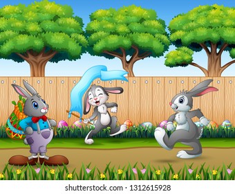 Happy bunnies running on the nature background