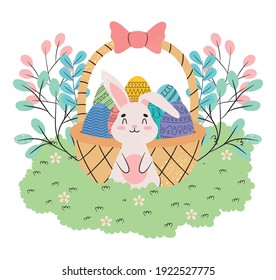 happy bunny with basket with easter eggs and decorative leaves over white background, colorful design, vector illustration