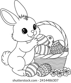 Happy bunny and a basket of eggs coloring page