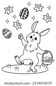 Happy bunny with basket of eggs coloring page. Vector coloring page ready to print on standard A4 paper