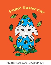 Happy bunny in blue egg shell Easter.