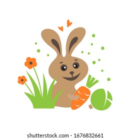 Happy bunny with carrot. Vector illustration. Flat design elements for greeting card, banner, leaflet, poster.