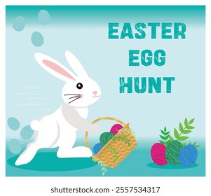 Happy bunny carrying a wicker basket containing Easter eggs, on a soft background. Perfect for Easter themes, kids activities, and holiday celebrations. Flat vector modern illustration 