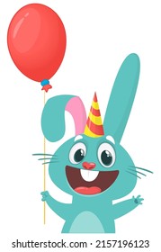 Happy bunny cartoon holding red party balloon. Vector rabbit  illustration isolated. Birthday card design
