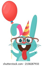 Happy bunny cartoon holding red party balloon. Vector rabbit  illustration isolated. Birthday card design

