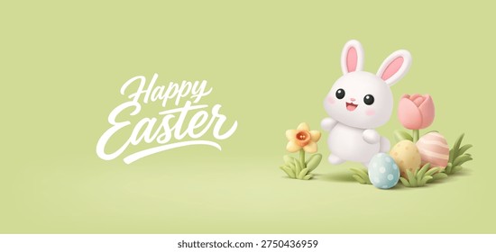 Happy bunny character jumping in spring flowers and grass, Easter eggs. Happy Easter greetings. Spring banner. Vector illustration.