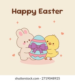 Vector de ilustración de huevo de Pascua de abrazo de conejo y pollito feliz. Tarjeta de Pascua feliz imprimible. Conejo lindo y pollito que sostiene la ilustración colorida del Clipart del huevo de Pascua.