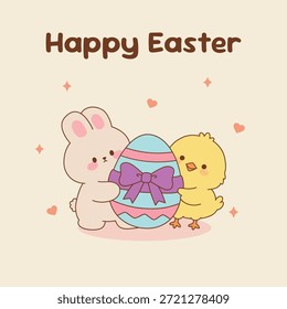 Vector de ilustración de huevo de Pascua de abrazo de conejo y pollito feliz. Tarjeta de feliz día de Pascua imprimible. Conejo lindo y pollito que sostiene la ilustración colorida del Clipart del huevo de Pascua.