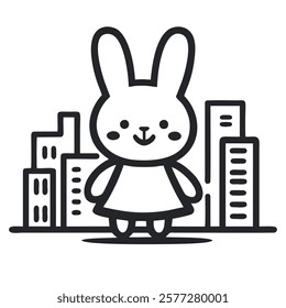 A happy bunny in a colorful dress strolls through a busy city of tall buildings.