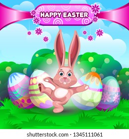 Happy Bunny Dancing in front of Decorated eggs