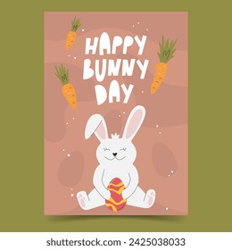 Happy Bunny Day handwritten lettering concept. Festive poster design with rabbit animal personage. Spring holiday flyer and banner template design. Easter character hand drawn flat vector illustration
