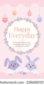 Happy bunny with decorative flower frame border and hanging eggs illustration vertical banner greeting post template.
