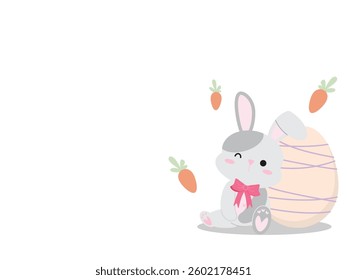 Happy bunny with easter egg and carrot pastel flat art design. Cute rabbit decorate with festive vector concept of celebration, holiday and spring time for postcard clipart illustration style.
