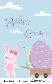 Happy bunny with easter egg cart pastel flat art design. Cute rabbit decorate with festive vector concept of celebration, holiday and spring time for postcard clipart illustration style.
