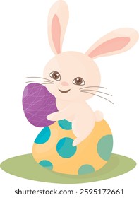 Happy bunny with easter eggs. Postcard, poster Happy Easter, Happy Birthday. Vector illustration